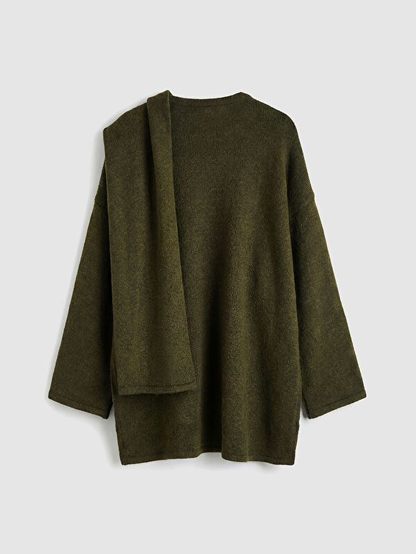 LCW Modest Haki Dökümlü Şal Yaka Oversize Kadın Triko Kazak