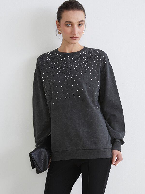 LCW Comfort Bisiklet Yaka Taşlı Kadın Sweatshirt
