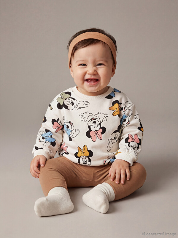 LCW baby Bisiklet Yaka Minnie Mouse Baskılı Kız Bebek Sweatshirt ve Tayt
