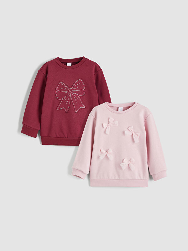 LCW Kids Crew Neck Bow Printed Girls' Sweatshirt 2 Pack
