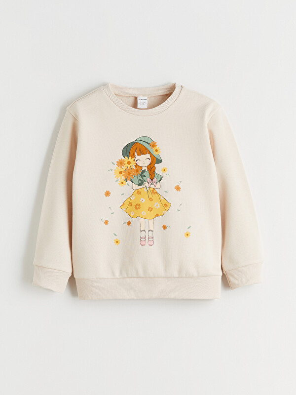 LCW Kids Bisiklet Yaka Baskılı Kız Çocuk Kalın Sweatshirt