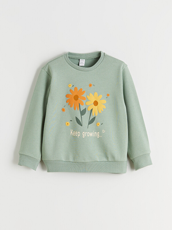 LCW Kids Bisiklet Yaka Baskılı Kız Çocuk Kalın Sweatshirt