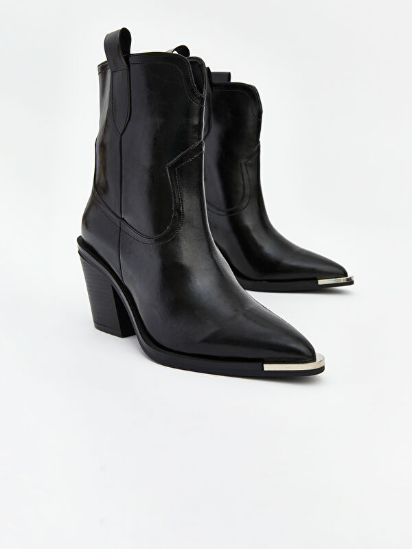 Deri Görünümlü Kadın Topuklu Bot - Görsel 4