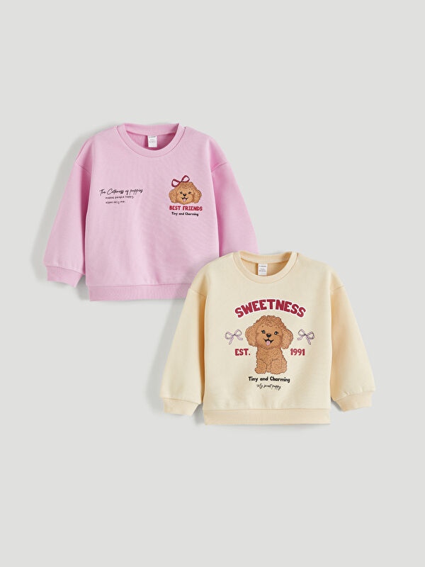 LCW Kids Crew Neck Girl's Thick Sweatshirt, Pack of 2