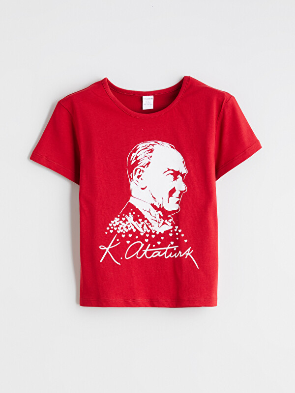 LCW Kids Bisiklet Yaka Atatürk Baskılı Kız Çocuk Tişört