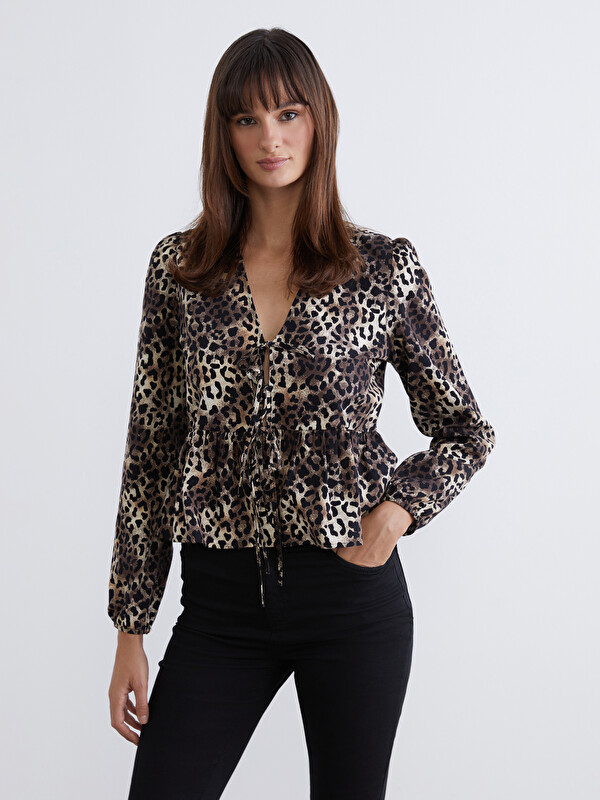 LCW Vision V Yaka Leopar Desenli Bluz