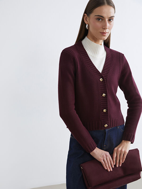LCW Comfort V Yaka Kendinden Desenli Kadın Triko Hırka	