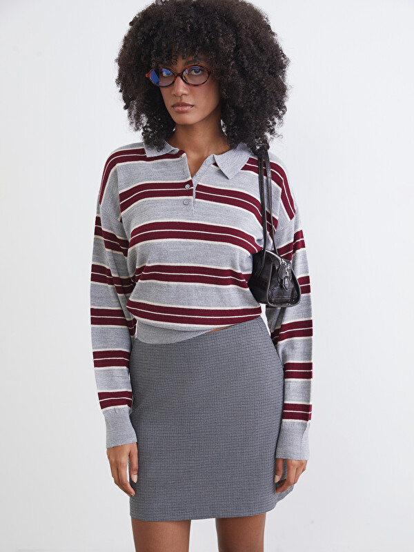 XSIDE Polo Yaka Çizgili Oversize Kadın Triko Kazak