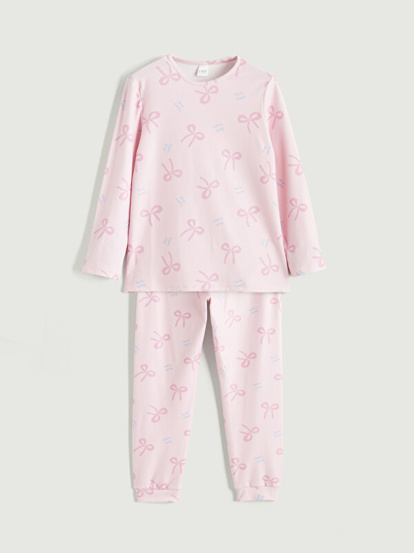 LCW Kids Bisiklet Yaka Fiyonk Desenli Kız Çocuk Pijama Takımı