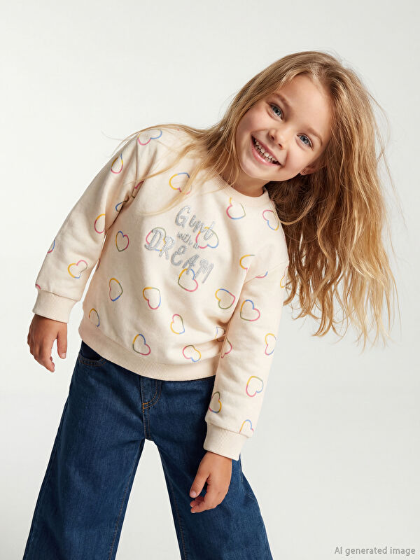 LCW Kids Bisiklet Yaka Baskılı Kız Çocuk Sweatshirt