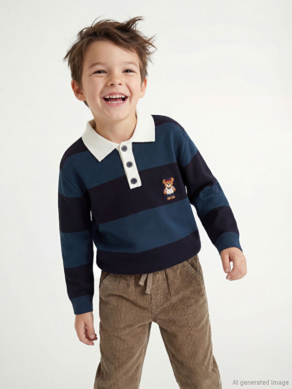 LCW Kids Polo Yaka Ayı Teddy Nakışlı Erkek Çocuk Triko Kazak