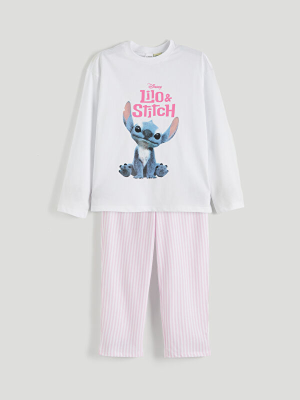 LCW Kids Bisiklet Yaka Stitch Baskılı Kız Çocuk Pijama Takımı