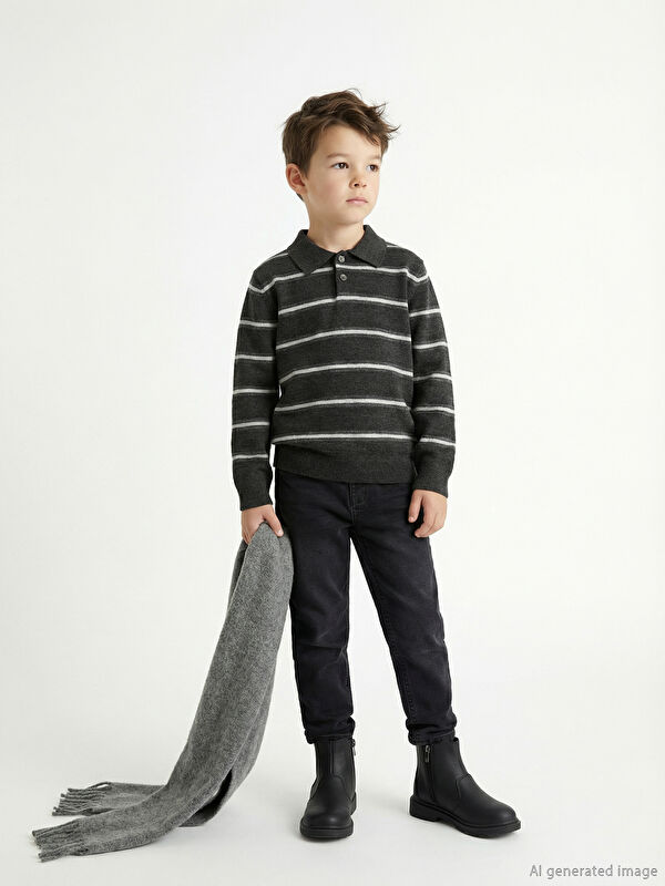 LCW Kids Polo Yaka Çizgili Erkek Çocuk Triko Kazak