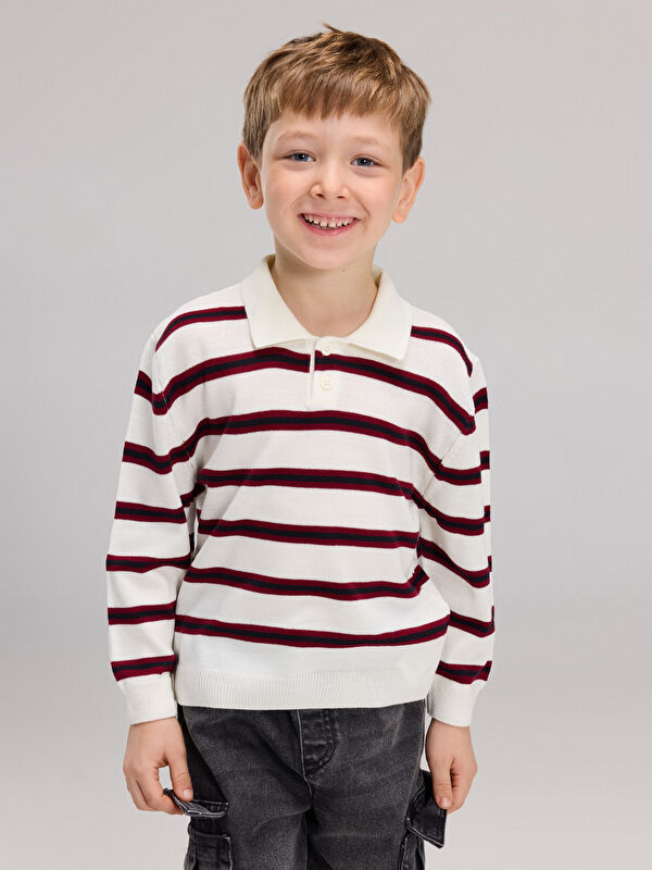 LCW Kids Polo Yaka Çizgili Erkek Çocuk Triko Kazak