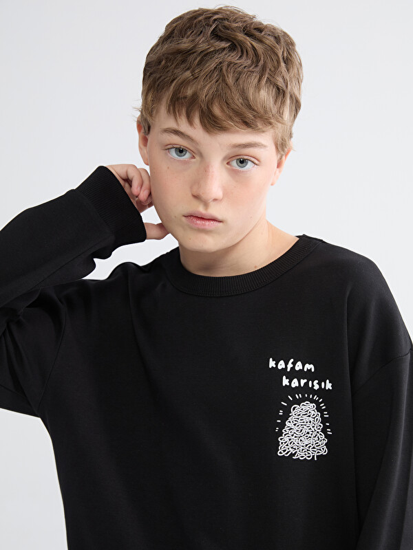 LCW Kids Bisiklet Yaka Slogan Baskılı Erkek Çocuk Sweatshirt