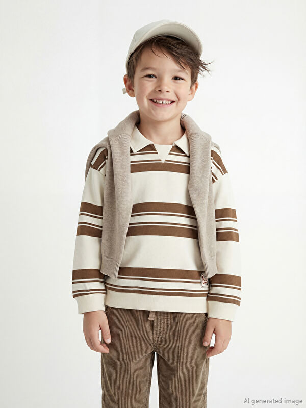 LCW Kids Polo Yaka Çizgili Erkek Çocuk Kalın Sweatshirt