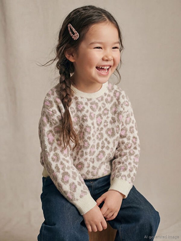 LCW Kids Leopar Desenli Kız Çocuk Triko Kazak