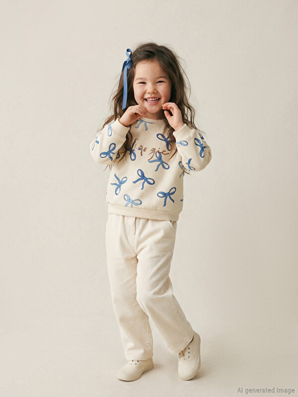 LCW Kids Bisiklet Yaka Fiyonk Desenli Kız Çocuk Sweatshirt