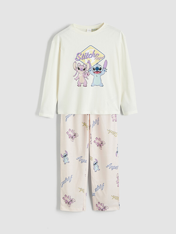 LCW Kids Crew Neck Stitch and Angel Printed Girls' Pyjama Set