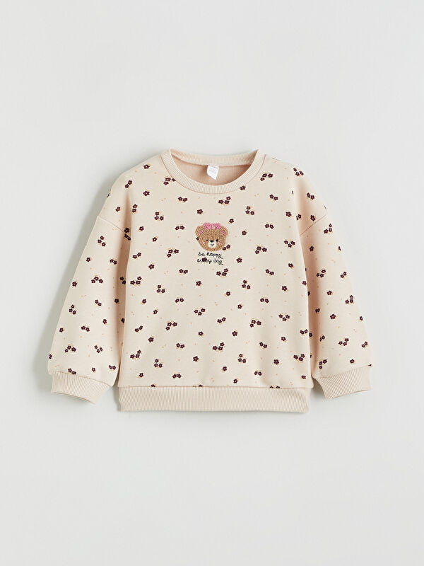 LCW Kids Bisiklet Yaka Ayı Teddy Nakışlı Kız Çocuk Sweatshirt