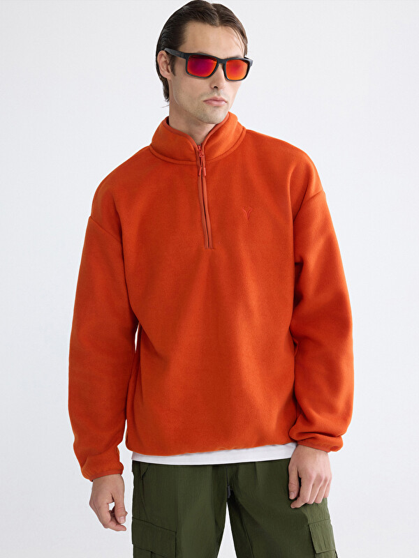 XSIDE ACTIVE Fermuarlı Dik Yaka Nakışlı Erkek Polar Sweatshirt