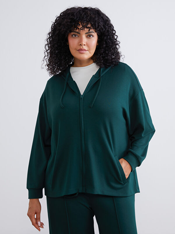 Soulife Büyük Beden Kapüşonlu Kadın Fermuarlı Sweatshirt