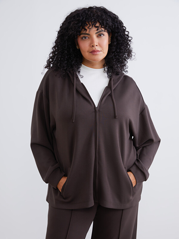 Soulife Büyük Beden Kapüşonlu Kadın Fermuarlı Sweatshirt