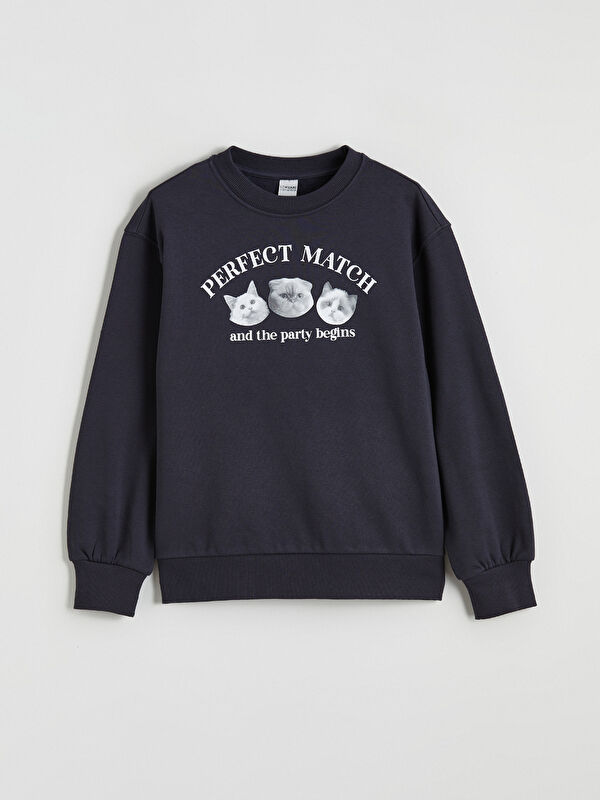 LCW Kids Bisiklet Yaka Baskılı Kız Çocuk Kalın Sweatshirt