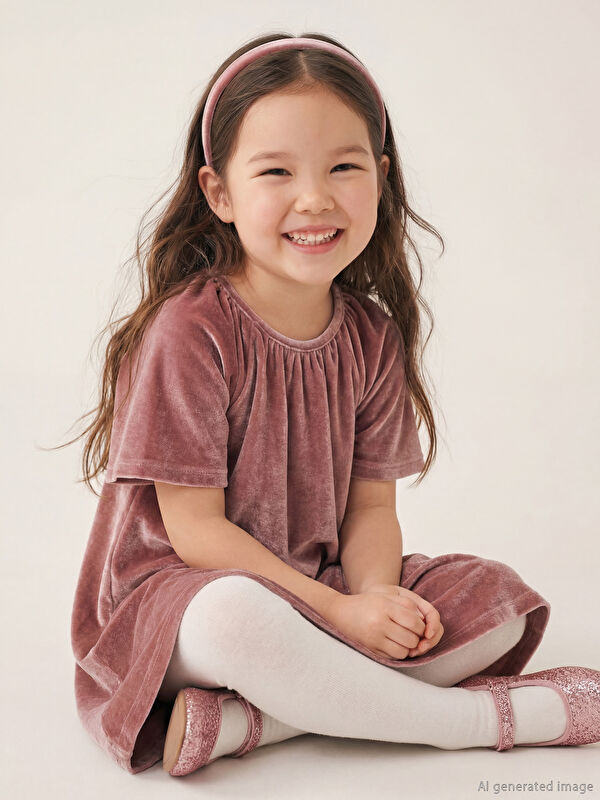LCW Kids Bisiklet Yaka Kadife Kız Çocuk Elbise