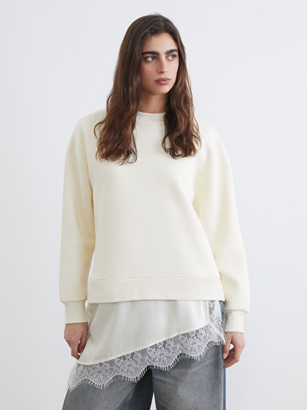 LCW Vision Dantel Detaylı Oversize Kadın Kalın Sweatshirt	