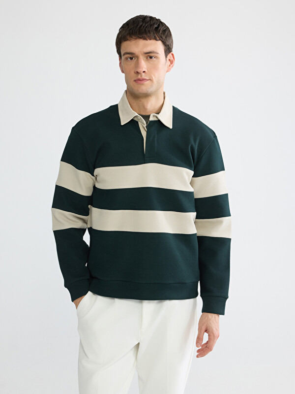 LCW Vision Polo Yaka Çizgili Erkek Sweatshirt