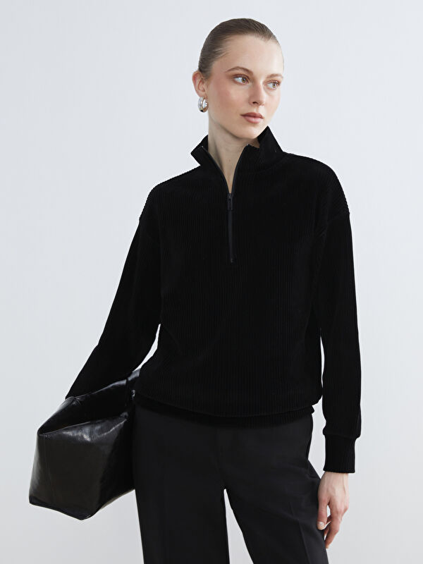 LCWAIKIKI Basic Siyah Dik Yaka Fitilli Kadın Sweatshirt - W5NY63Z8