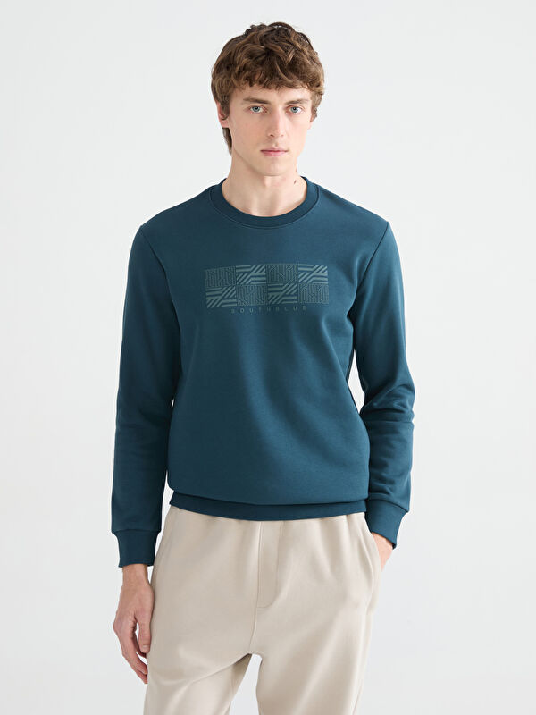 SOUTHBLUE Bisiklet Yaka Baskılı Erkek Kalın Sweatshirt