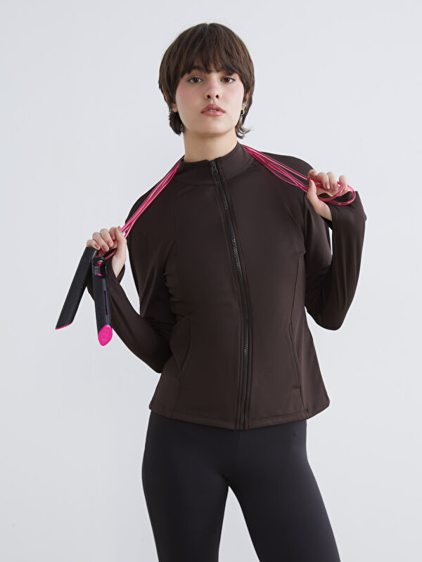 KOOR SPORT Dik Yaka Parmak Geçmeli Kadın Fermuarlı Sweatshirt