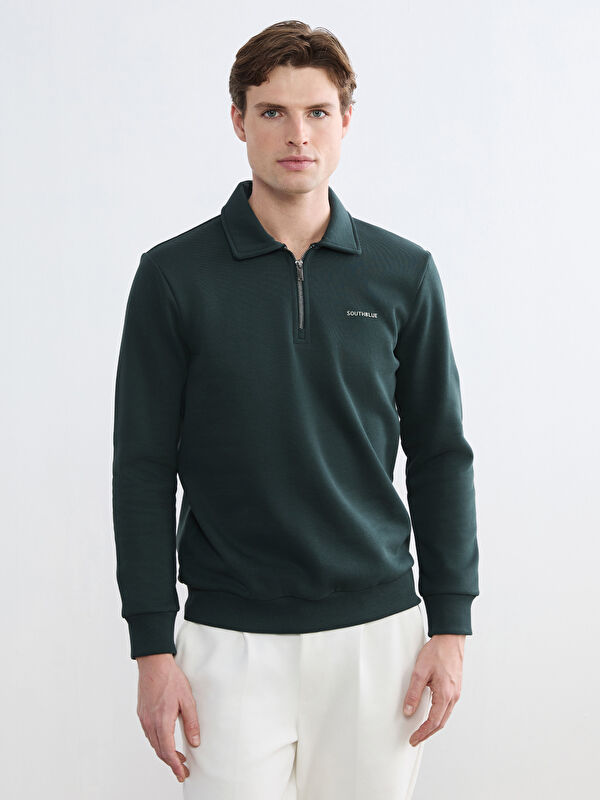 SOUTHBLUE Polo Yaka Baskılı Erkek Kalın Sweatshirt