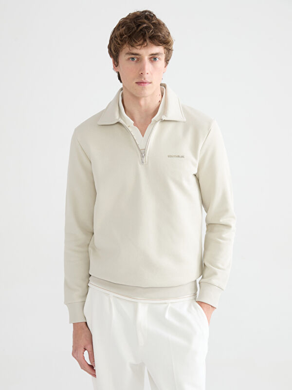 SOUTHBLUE Polo Yaka Baskılı Erkek Kalın Sweatshirt