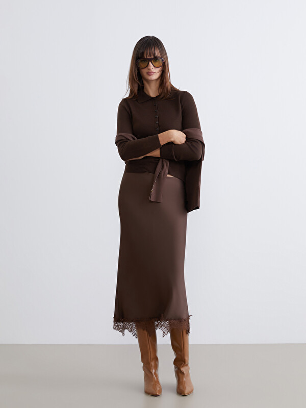 LCW Vision Elastic Waist A-Line Satin Skirt