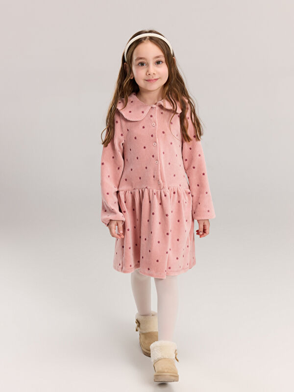 LCW Kids Bebe Yaka Çiçekli Kadife Kız Çocuk Elbise