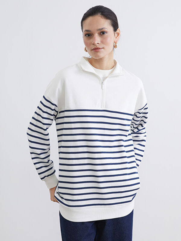 LCW Modest Dik Yaka Çizgili Kadın Kalın Sweatshirt Tunik