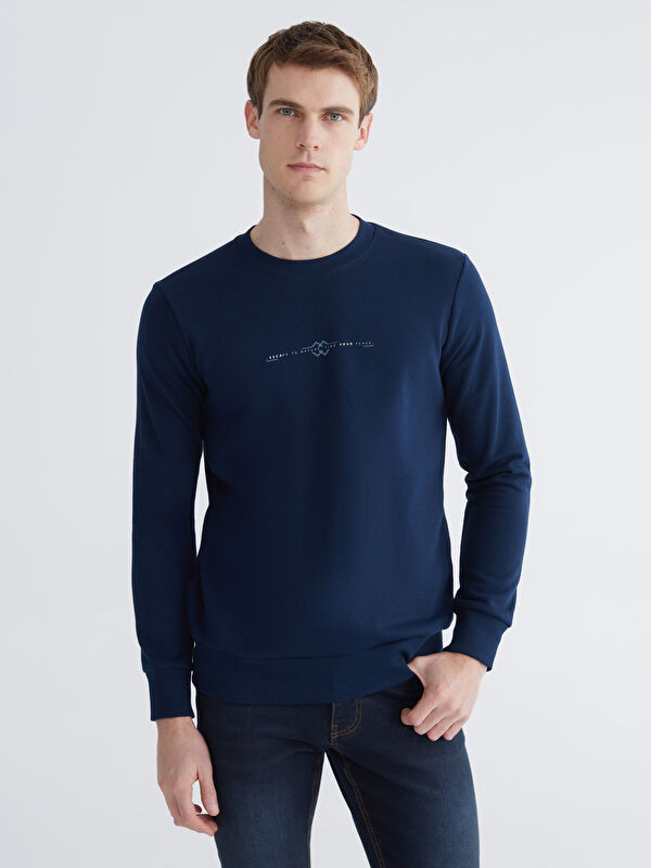 LCWAIKIKI Classic Bisiklet Yaka Baskılı Erkek Kalın Sweatshirt