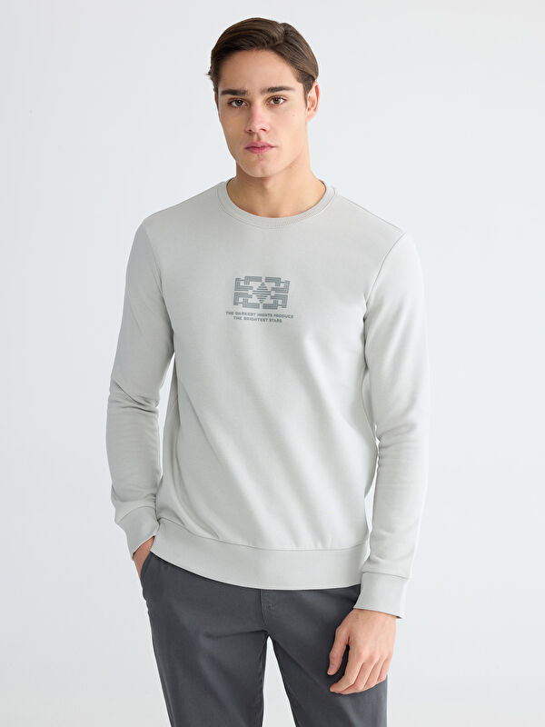 LCWAIKIKI Classic Bisiklet Yaka Baskılı Erkek Kalın Sweatshirt