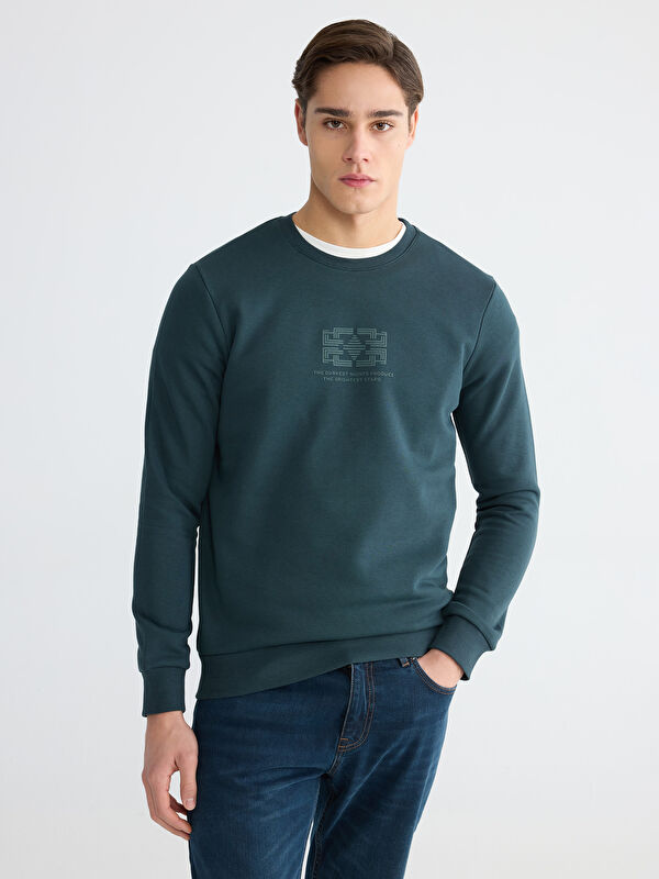 LCWAIKIKI Classic Bisiklet Yaka Baskılı Erkek Kalın Sweatshirt