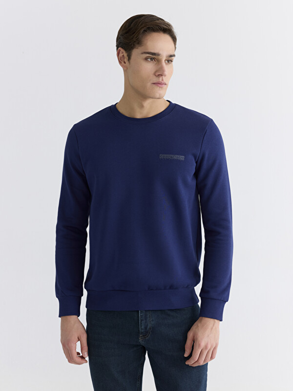 LCWAIKIKI Classic Bisiklet Yaka Baskılı Erkek Kalın Sweatshirt