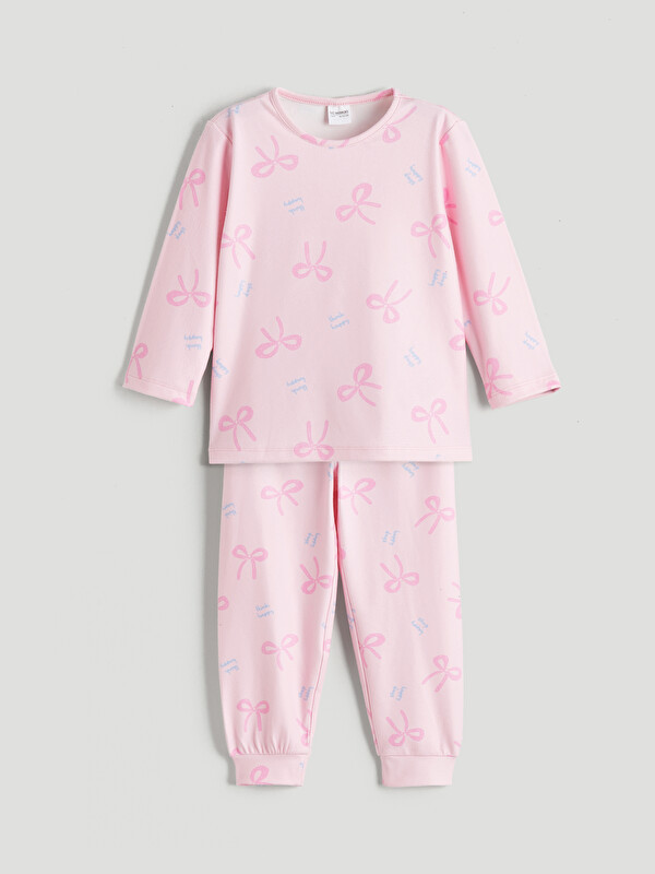 LCW Kids Bisiklet Yaka Fiyonk Desenli Kız Çocuk Pijama Takımı