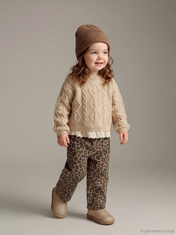 LCW baby Beli Lastikli Leopar Desenli Kız Bebek Pantolon
