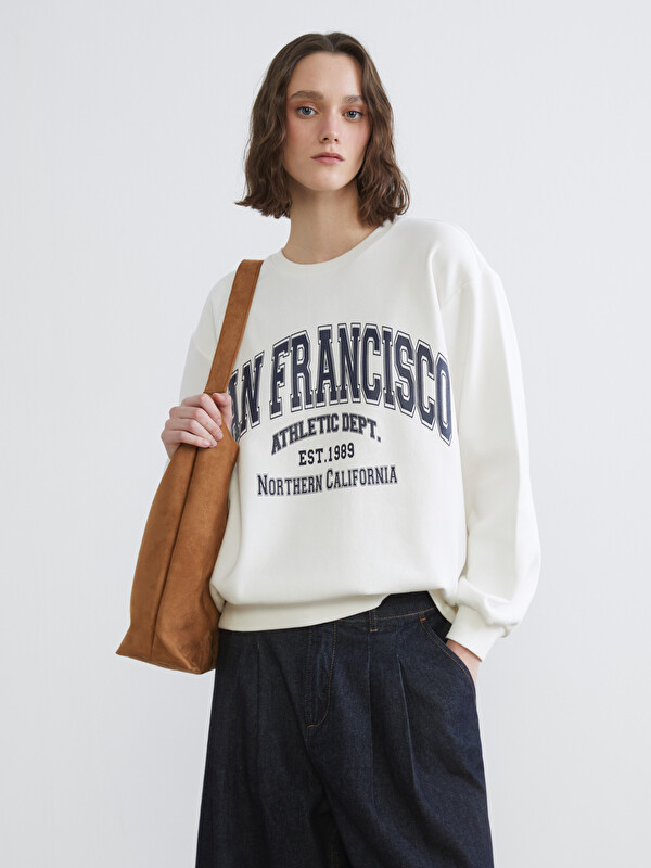 XSIDE Beyaz San Francisco Baskılı Kadın Kalın Sweatshirt