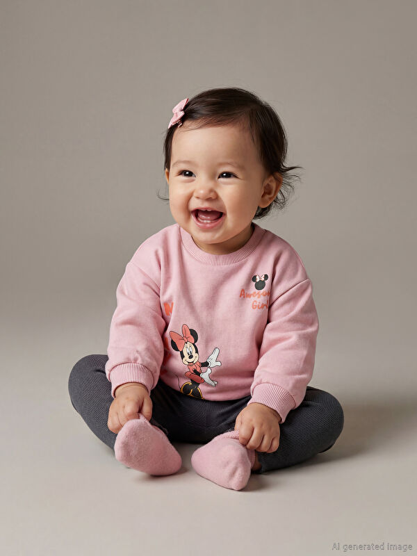 LCW baby Bisiklet Yaka Minnie Mouse Baskılı Kız Bebek Sweatshirt ve Tayt