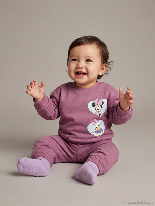 LCW baby Minnie Mouse ve Daisy Duck Baskılı Kız Bebek Sweatshirt ve Eşofman Altı