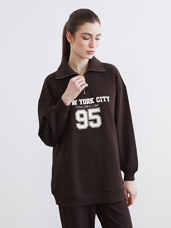 LCW Modest New York Baskılı Kadın Kalın Sweatshirt Tunik