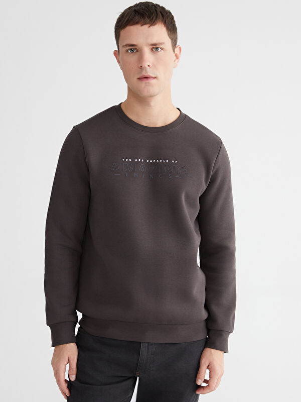 LCWAIKIKI Classic Bisiklet Yaka Baskılı Erkek Kalın Sweatshirt
